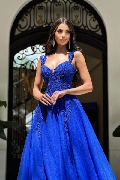 Royal Blue Long A-line Sweetheart Tulle Lace Formal Prom Dresses_2