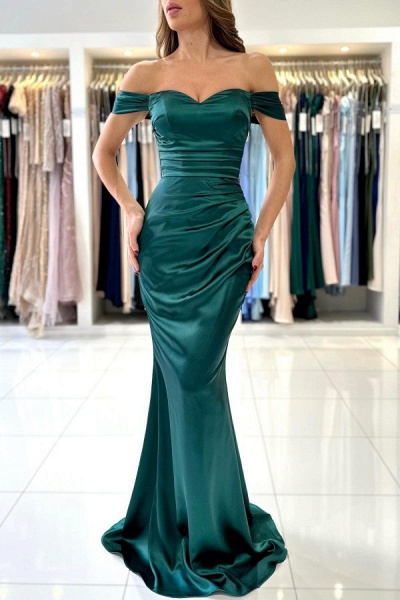 Beautiful Long Mermaid Off the Shoulder Satin Formal Prom Dresses_1