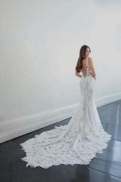 Elegant Long Mermaid V-neck Tulle Lace Backless Wedding Dresses_2
