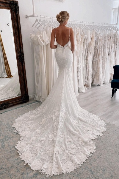 Modest Long Mermaid V-neck Backless Lace Wedding Dresses_2
