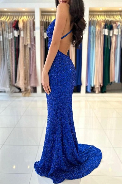Royal Blue Long Mermaid V-neck Backless Sequined Formal Prom Dresses_3