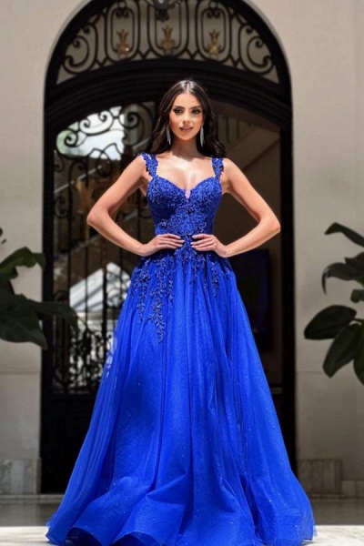 Royal Blue Long A-line Sweetheart Tulle Lace Formal Prom Dresses_1