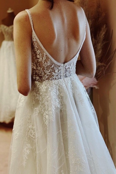 Boho White Long A-line V-neck Tulle Lace Backless Wedding Dresses_3