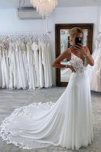 Simple Long A-line V-neck Chiffon Lace Backless Wedding Dresses_1