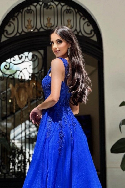 Royal Blue Long A-line Sweetheart Tulle Lace Formal Prom Dresses_3