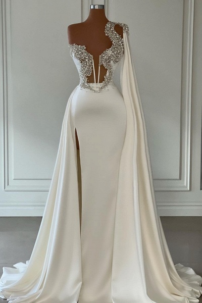 Ivory Long Mermaid One Shoulder Beading Satin formal Prom Dresses with Slit_1