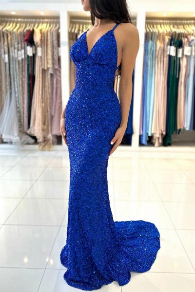 Royal Blue Long Mermaid V-neck Backless Sequined Formal Prom Dresses_1