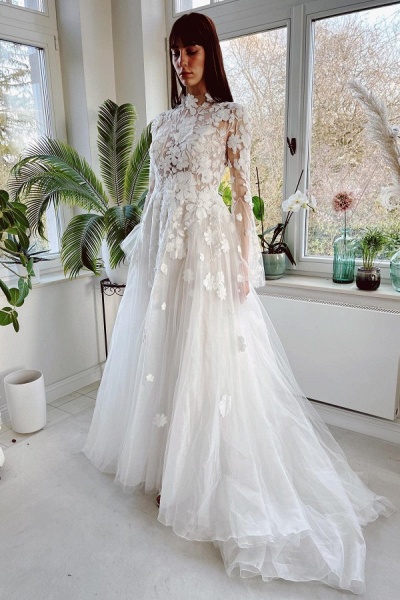 Gorgeous Long A-line High Neck Tulle Lace Wedding Dresses with Sleeves_1