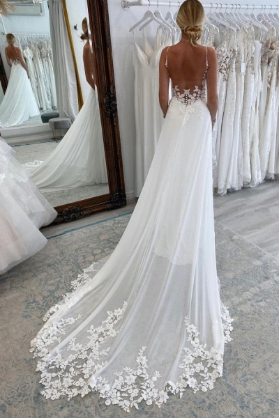Simple Long A-line V-neck Chiffon Lace Backless Wedding Dresses_2