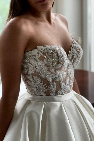 Beautiful Long A-line Sweetheart Satin Lace Wedding Dress_2