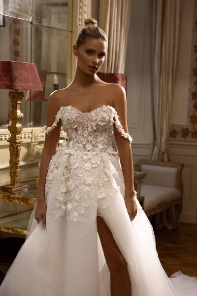 Elegant Long A-line Off the Shoulder Tulle Lace Backless Wedding Dresses with Slit_1