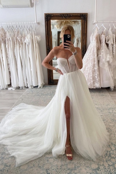 Vintage Long Sleeves A-line Off the Shoulder Tulle Wedding Dresses with Slit_2