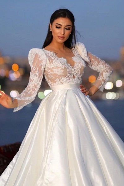 Gorgeous Long A-line Sweetheart Satin Lace Wedding Dresses with Sleeves_2