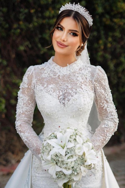 Charming Long Sleeves High Neck Satin Lace Wedding Dresses with Chapel Train_3