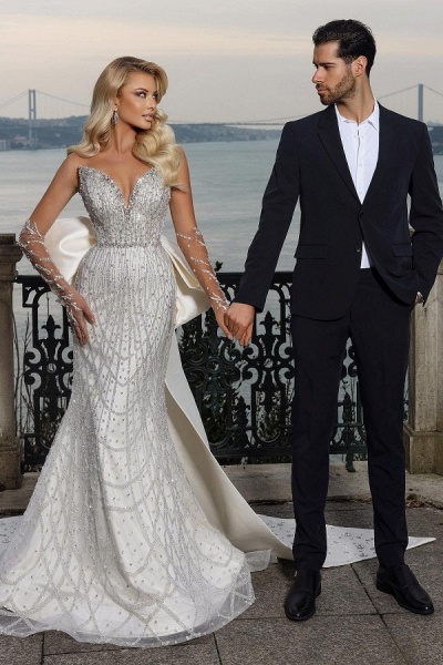 Elegant Glitter Long Mermaid Sweetheart Satin Lace Wedding Dresses_1