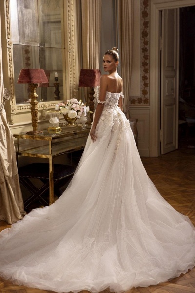 Elegant Long A-line Off the Shoulder Tulle Lace Backless Wedding Dresses with Slit_2
