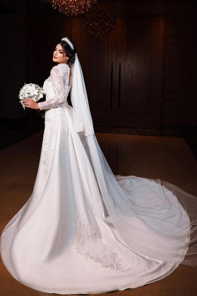 Charming Long Sleeves High Neck Satin Lace Wedding Dresses with Chapel Train_2