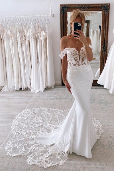 Elegant Long Mermaid Off the Shoulder Chiffon Lace Backless Wedding Dresses_1
