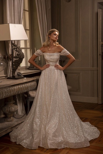 Modern Glitter Long A-line Off the Shoulder Wedding Dresses_1