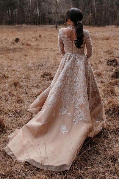 Charming Champagne Long A-line High Neck Tulle Lace Wedding Dresses with Sleeves_4