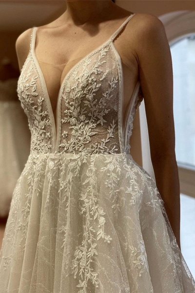 Boho White Long A-line V-neck Tulle Lace Backless Wedding Dresses_4