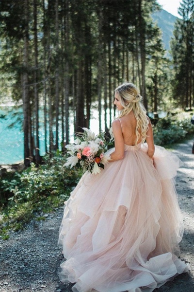 Beautiful Long Ball Gown V-neck Tulle Backless Wedding Dresses_7
