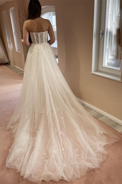 Sexy Long A-line Sweetheart Tulle Lace Wedding Dress with Slit_4