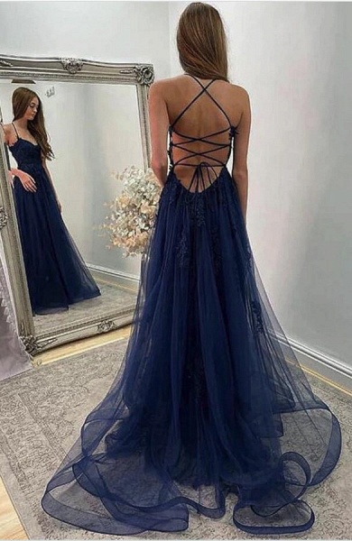 Chic Long A-line Tulle Lace Open Back Formal Prom Dresses with Slit_2