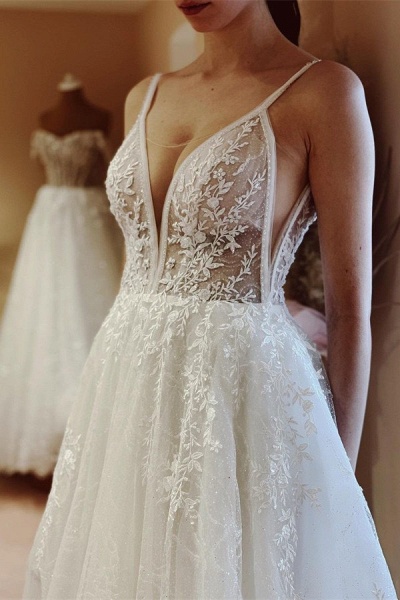 Boho White Long A-line V-neck Tulle Lace Backless Wedding Dresses_2