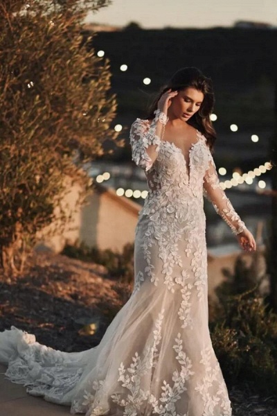 Gorgeous Long Mermaid Sweetheart Tulle Lace Wedding Dresses with Sleeves_1