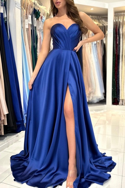 Elegant Long A-line Sweetheart Satin Formal Prom Dresses with Slit_2