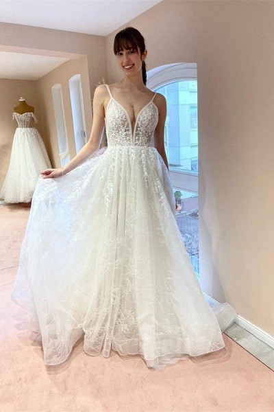 Boho White Long A-line V-neck Tulle Lace Backless Wedding Dresses_1