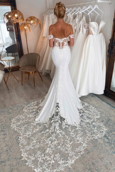 Elegant Long Mermaid Off the Shoulder Chiffon Lace Backless Wedding Dresses_2