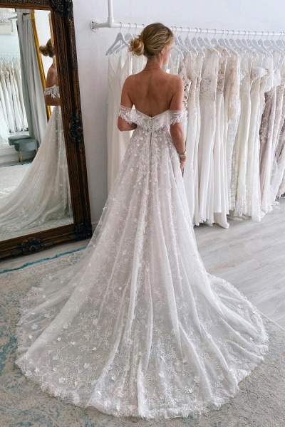 Luxury Long A-line Off the Shoulder Backless Tulle Lace Wedding Dresses_2