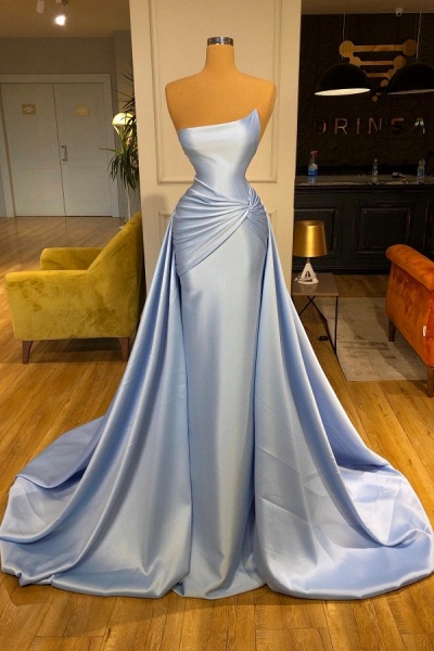 Elegant Long Mermaid Strapless Satin Formal Prom dresses Sky Blue Evening Gowns_1