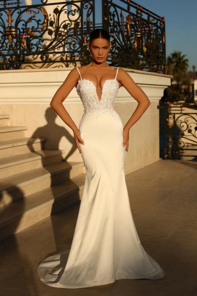 Elegant Long Mermaid Spaghetti-Straps Lace Satin Wedding Dresses_1