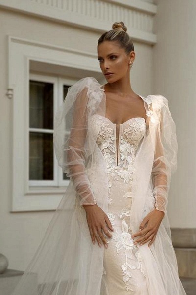 Elegant Long Mermaid Sweetheart Tulle Lace Wedding Dresses with Jacket_5