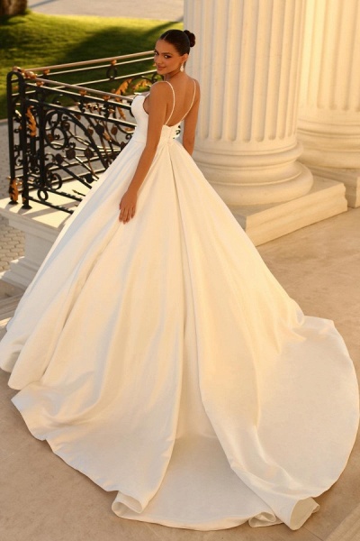 Simple Long A-line Strapless Spaghetti Straps Satin Backless Wedding Dresses_2