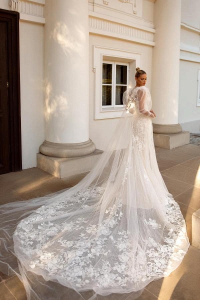 Elegant Long Mermaid Sweetheart Tulle Lace Wedding Dresses with Jacket_3
