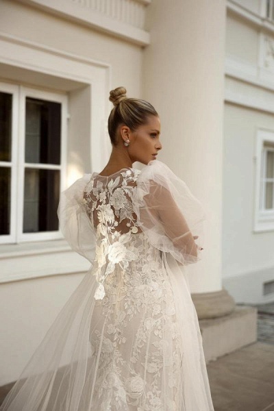 Elegant Long Mermaid Sweetheart Tulle Lace Wedding Dresses with Jacket_6