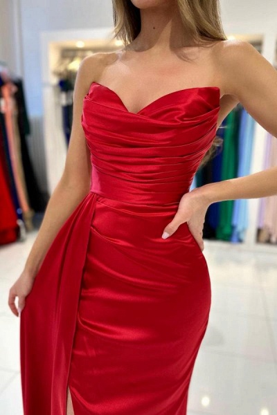 Simple Long Mermaid Sweetheart Satin Formal Prom Dresses with Slit_5