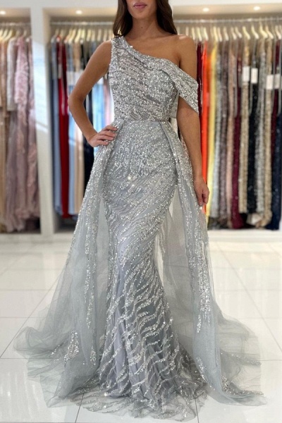 Silver Long Mermaid One Shoulder Glitter Tulle Formal Prom Dresses_1