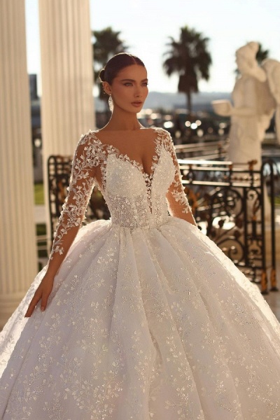 Long Ball Gown Sweetheart Tulle Lace Appliques Wedding Dresses with Sleeves_3
