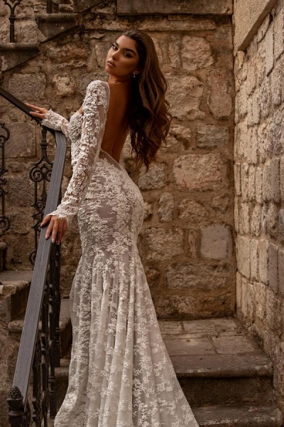 Elegant Long Mermaid Sweetheart Tulle Lace Backless Wedding Dresses with Sleeves_2