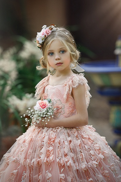 Beautiful Pink Long Ball Gown Tulle Lace Flower Girl Dresses_3