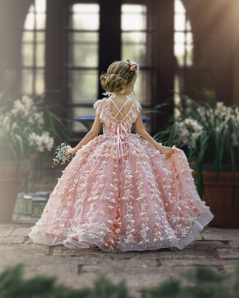 Beautiful Pink Long Ball Gown Tulle Lace Flower Girl Dresses_2
