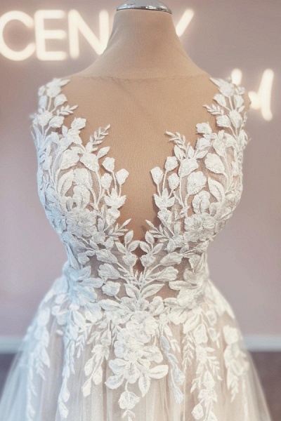 Wunderschöne lange Brautkleider in A-Linie mit V-Ausschnitt, Tüll und Spitze und offenem Rücken_3