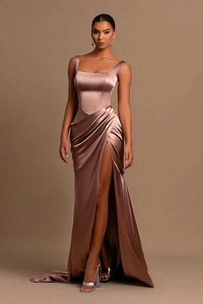 Simple Long Mermaid Satin Formal Prom Dresses with Slit_3