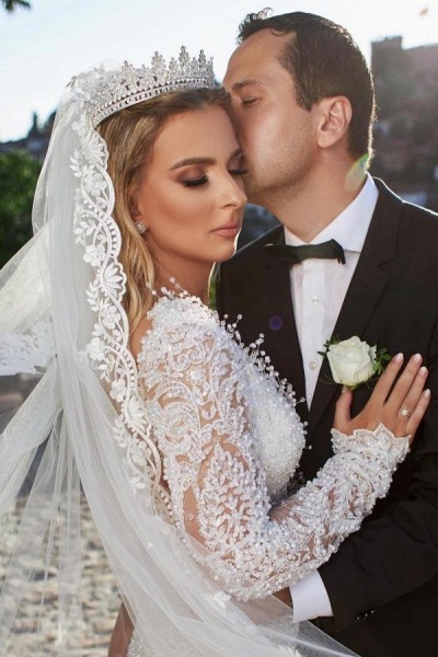 Gorgeous Long Mermaid V-neck Lace Wedding Dresses with Sleeves_5
