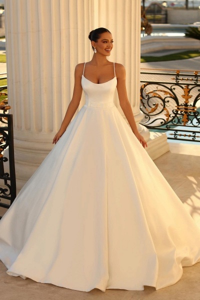 Simple Long A-line Strapless Spaghetti Straps Satin Backless Wedding Dresses_1